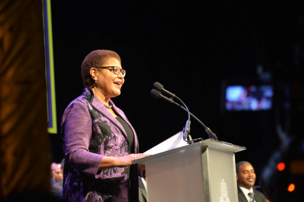 Karen Bass, who spoke at a BWR x Essence event on Wednesday, takes the podium.