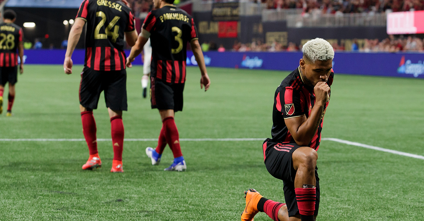 File photo of Josef Martinez celebrating after scoring one of his two goals with his “king” pose. Photo by: Atlanta United Football Club