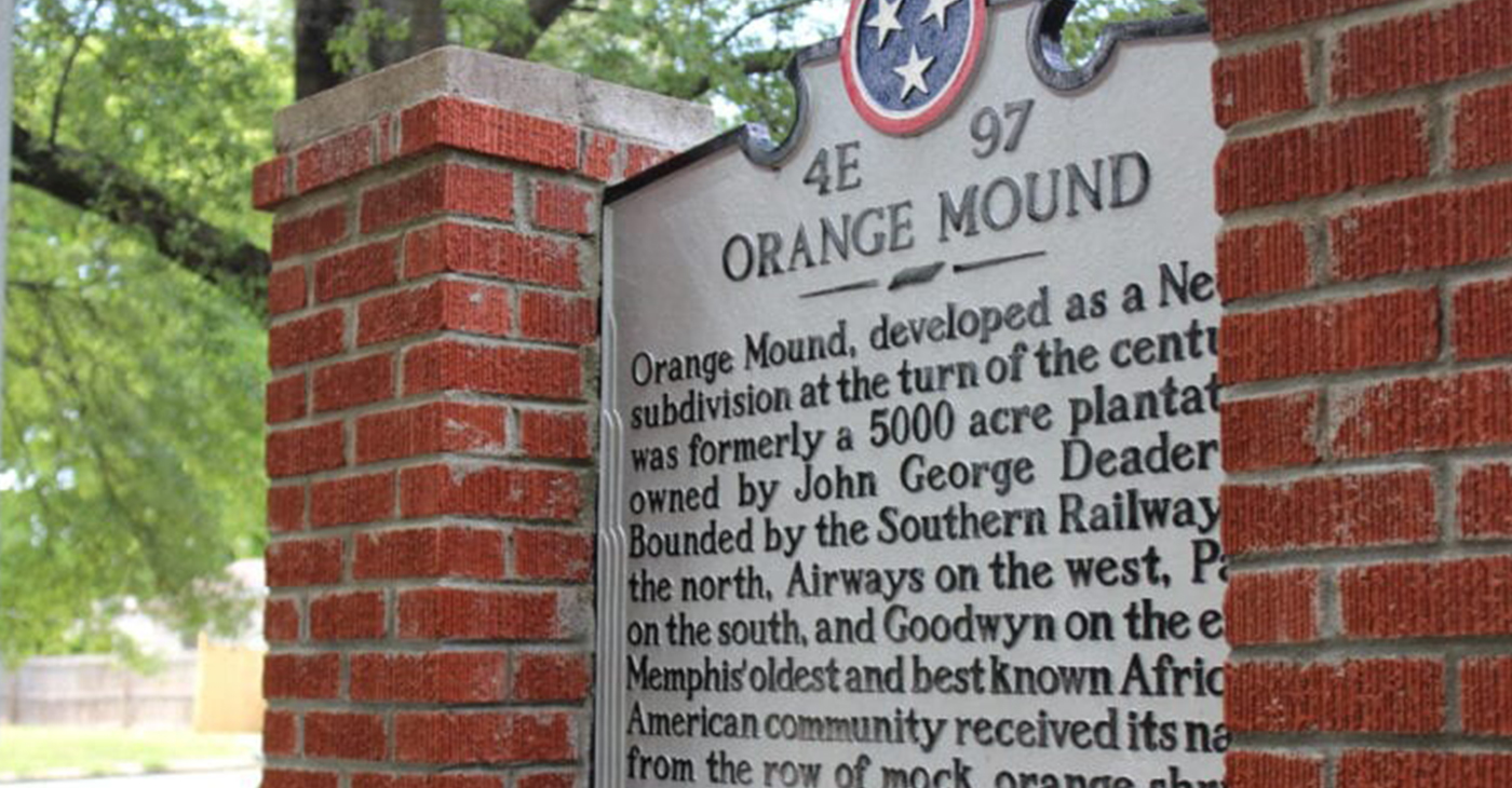 The Orange Mound historical marker sits on Park Avenue, in front of the Orange Mound Community Services Center and Vertie M. Sails gymnasium. (Photo by: Lee Eric Smith)