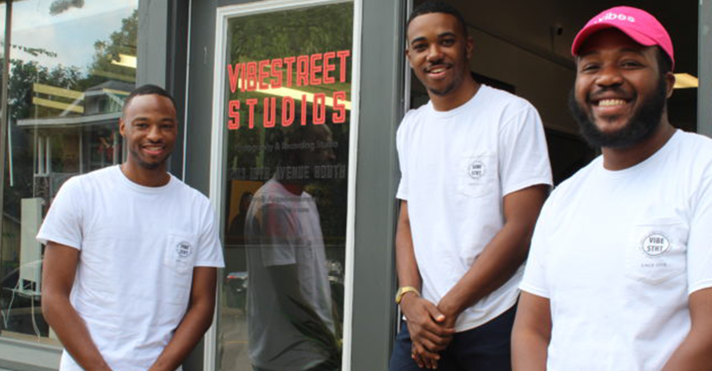 From left: Joshua Echols, Micah Lewis and Jerrod Dukes in front of Vibestreet Studios. (Photo by: Ameera Steward |The Birmingham Times)