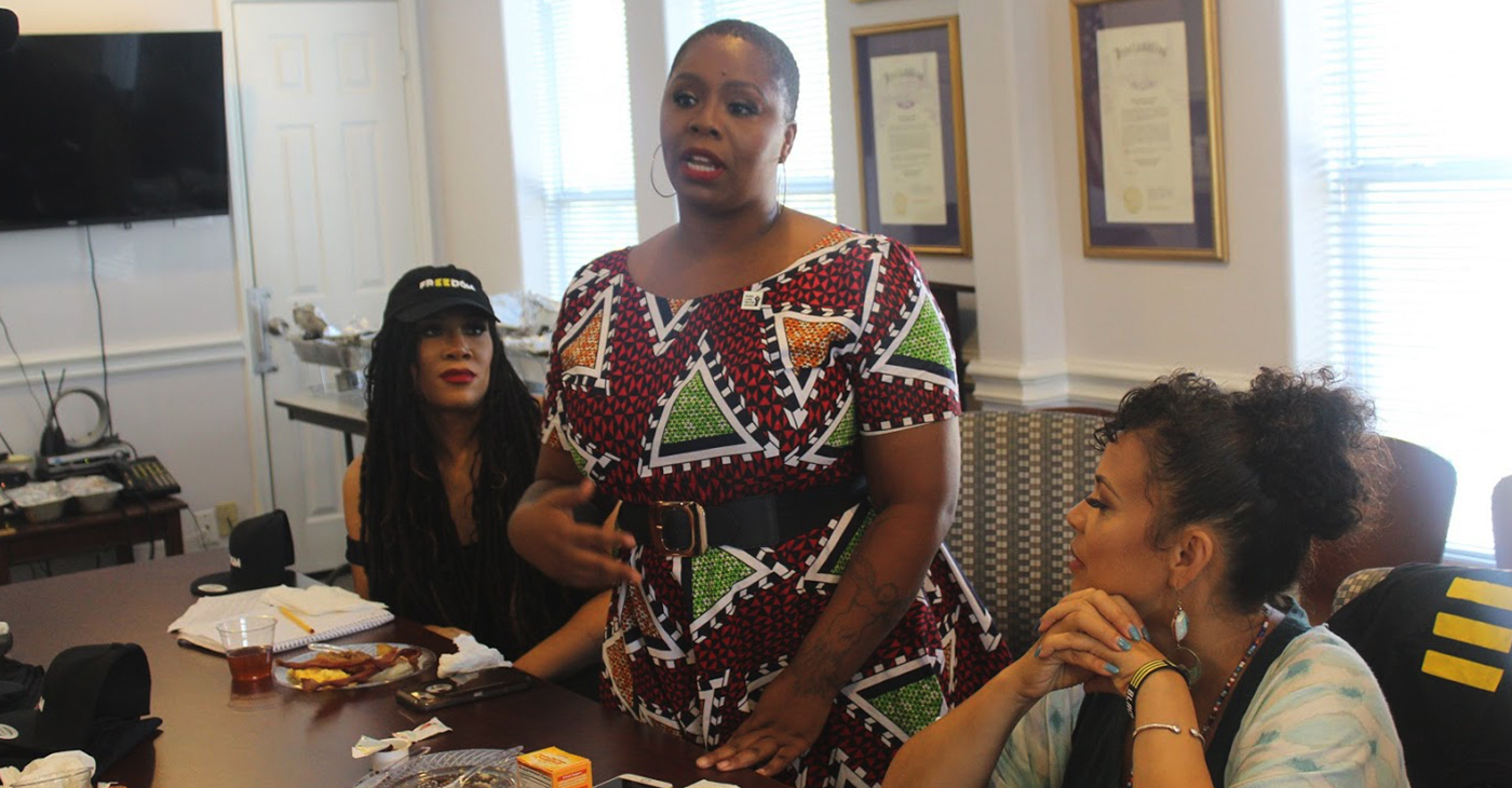 BLM co-founder Patrisse Cullors (standing) announcing new 'What Matters 2020' initiative while in Houston for the Democratic Party debate.