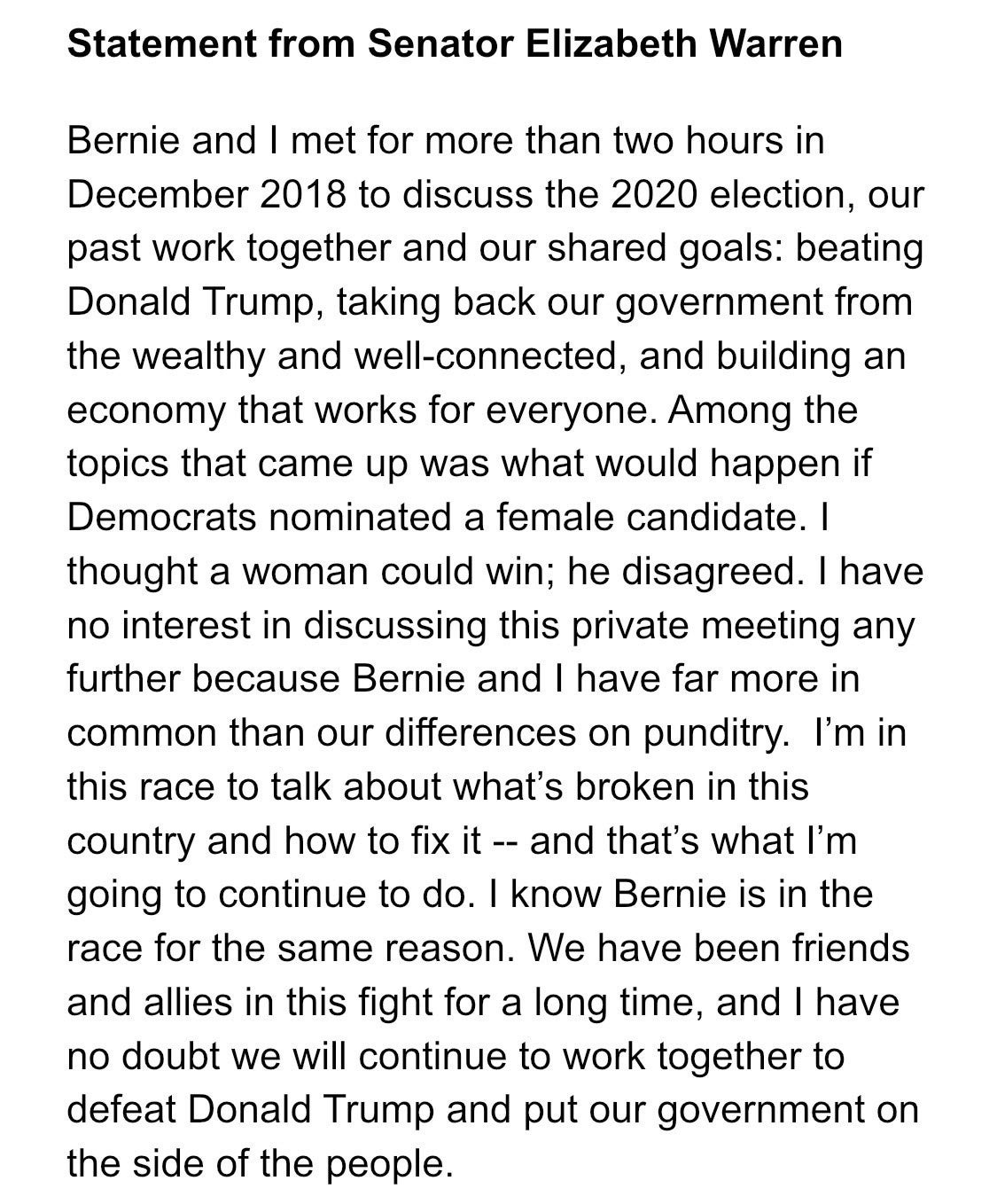 A statement from the Elizabeth Warren campaign discusses her recollection of the 2018 private meeting in question. 