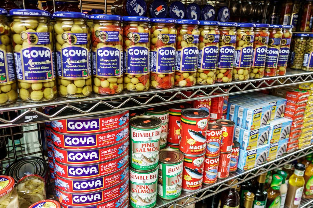 Florida, Miami, La Playa market, olives and canned seafood display