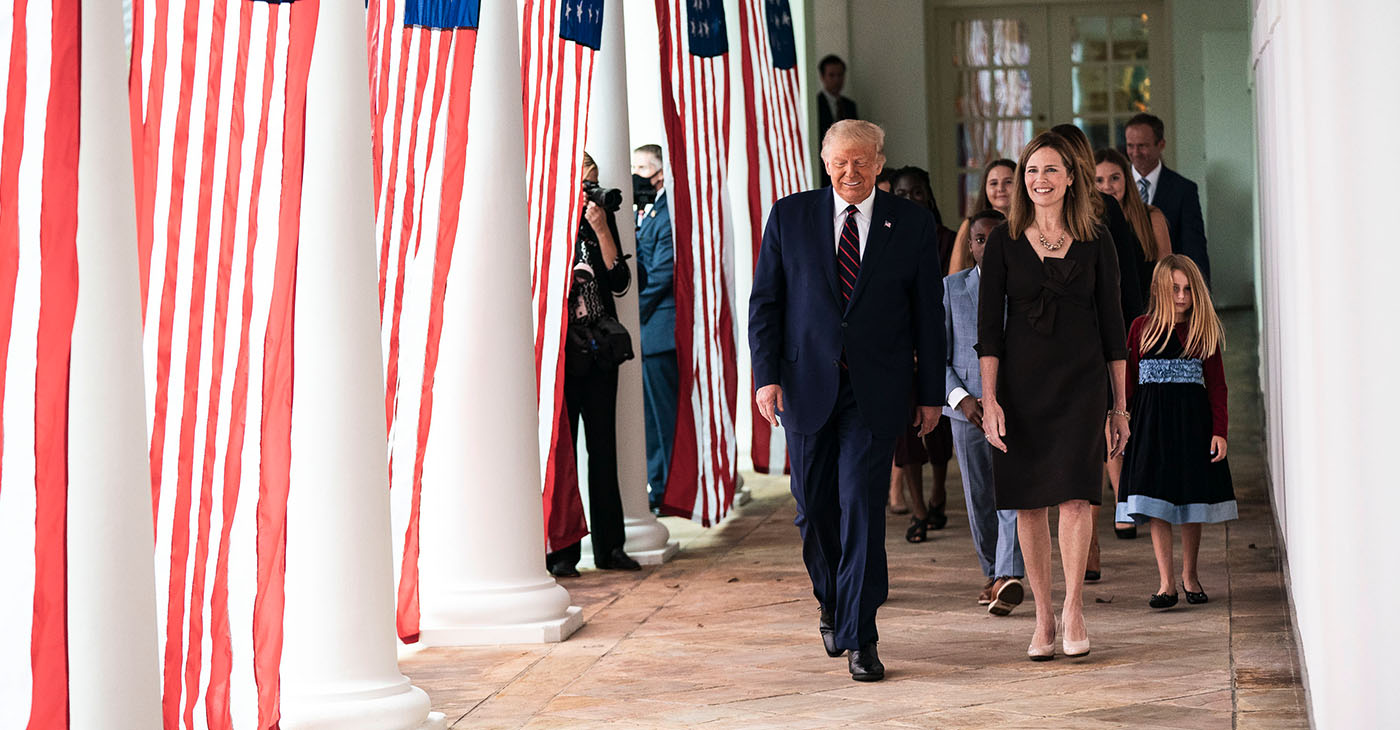 President Donald J. Trump walks with Judge Amy Coney Barrett, his nominee for Associate Justice of the Supreme Court of the United States, along the West Wing Colonnade on Saturday, September 26, 2020, following announcement ceremonies in the Rose Garden. (Photo: The White House/Shealah Craighead)