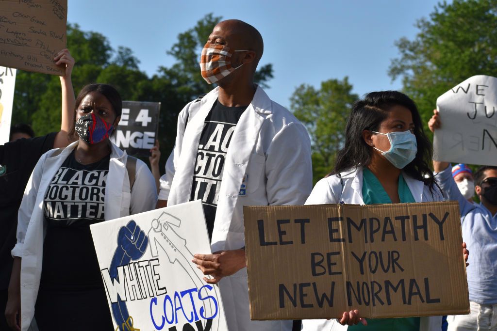 Medical workers rally in New York City, United States following death of African American George Floyd
