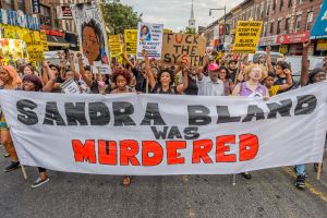 About a thousand Black Lives Matter activists rally at the...