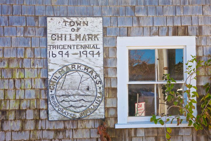 Chilmark Tricentennial sign in small fishing village of Menemsha