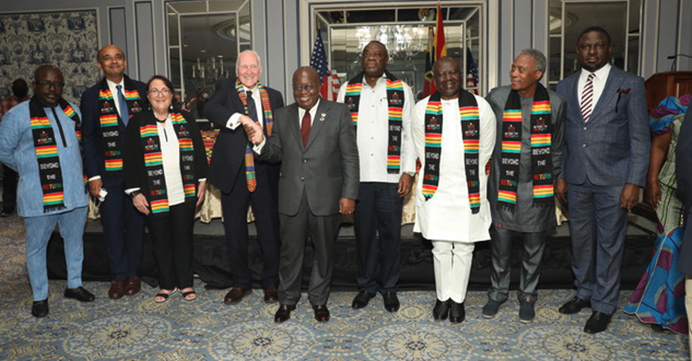 H.E. Nana Akufo-Addo, President of the Republic of Ghana, shakes hands with Chairman of the Board Daniel Rose (left to right:) Akwasi Agyeman, CEO, Ghana Tourism Authority, Board Members Kwame Anthony Appiah, and Deborah Rose, Daniel Rose, H.E. President Nana Akufo-Addo, Hon. Dr. Ibrahim Mohammed Awal, Minister of Tourism, Arts and Culture, Hon. Ken Ofori-Atta, Minister of Finance, Japhet Aryiku, Executive Director, W.E.B. Du Boiis Museum Foundation, Humphrey Ayim Darke, Board Member, W.E.B. Du Boiis Museum Foundation, Ghana 