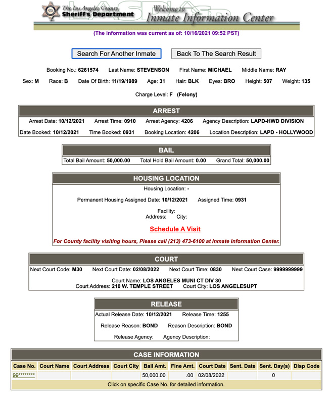 Tyga LASD Inmate Record