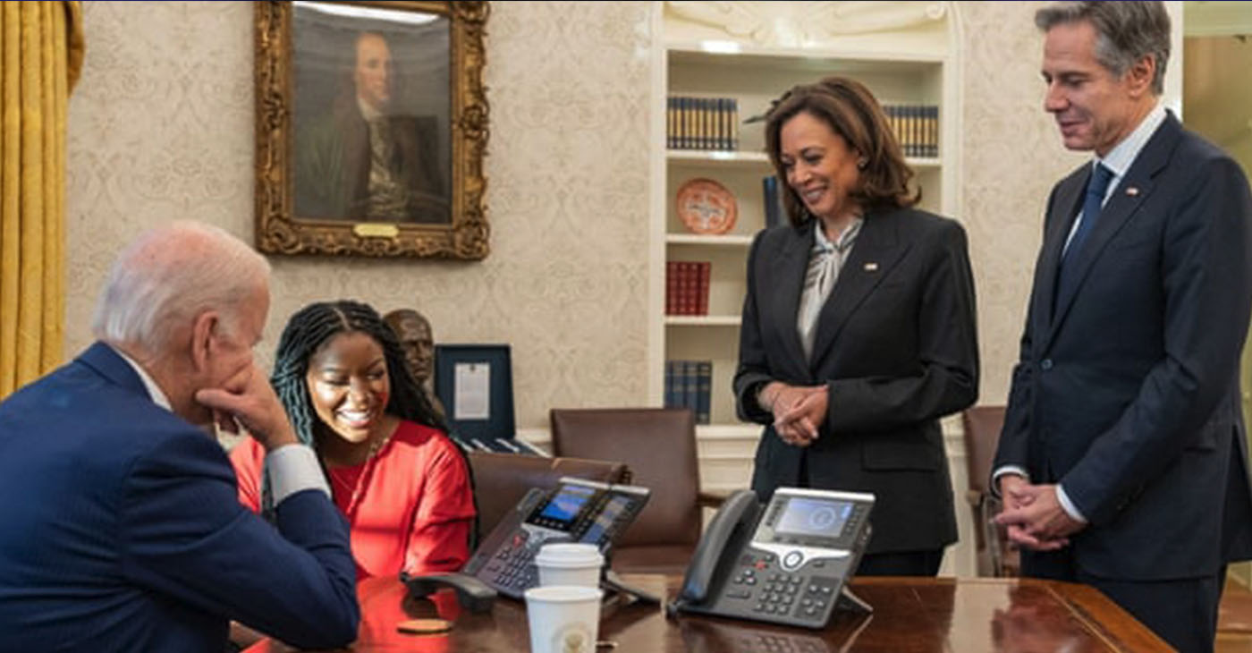 Joe Biden and Cherelle Griner speak on the phone with Brittney Griner after her release by Russia, as Vice-President Kamala Harris and the secretary of state, Antony Blinken, look on. Photograph: White House/Reuters