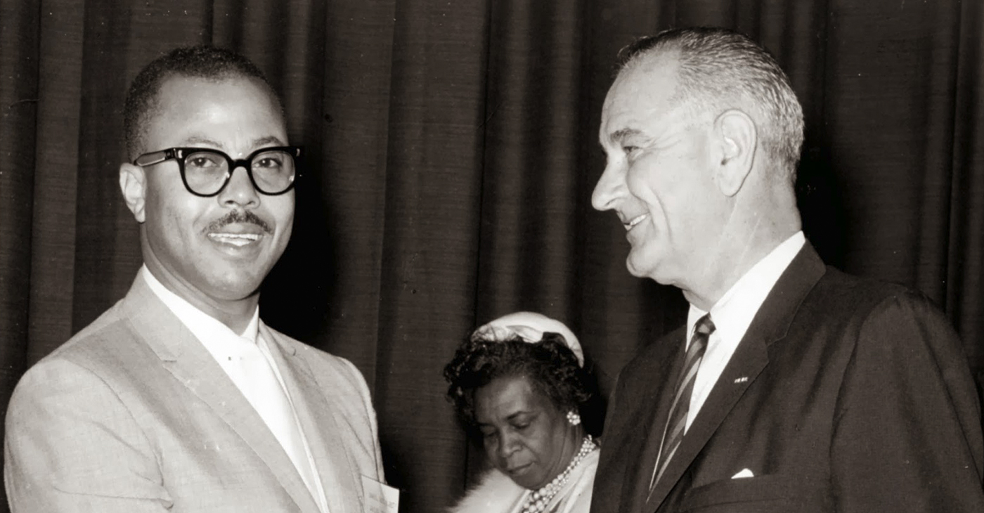 Rev. H. Rhett James greets Vice President Lyndon B. Johnson at unidentified event in 1962, photographer unknown.  Rev. H. Rhett James papers, gift of Gregory James.