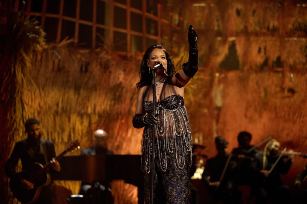 Rhianna performs onstage during the live ABC telecast of the 95th Oscars® at the Dolby® Theatre at Ovation Hollywood on Sunday, March 12, 2023.
