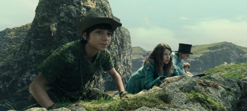 (L-R): Alexander Molony as Peter Pan, Ever Anderson as Wendy, Joshua Pickering as John Darling and Jacobi Jupe as Michael Darling in Disney's live-action PETER PAN & WENDY