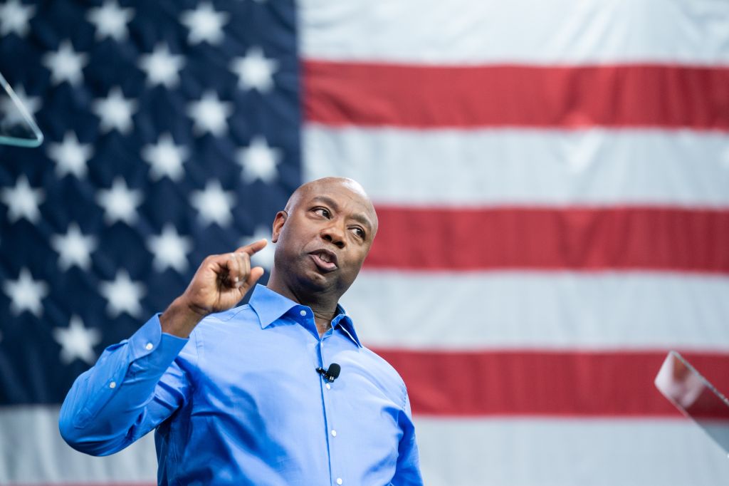 Sen. Tim Scott speaks to a crowd during a presidential campaign kickoff event at Charleston Southern