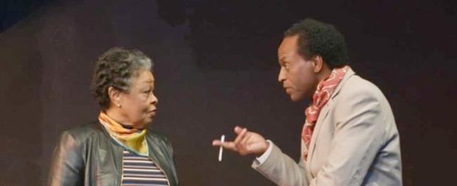 Rosie Lee Hooks as Dr Frances Cress Welsing faces off with Julio Hanson as James Baldwin - Ian Foxx