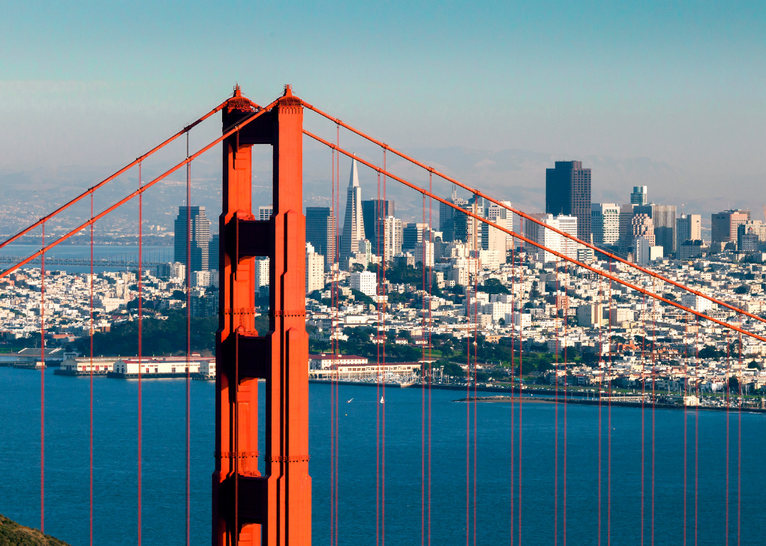 The Golden Gate Bridge with San Francisco behind it in the background.