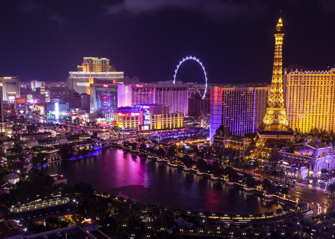 The Las Vegas Strip at night as seen from above.