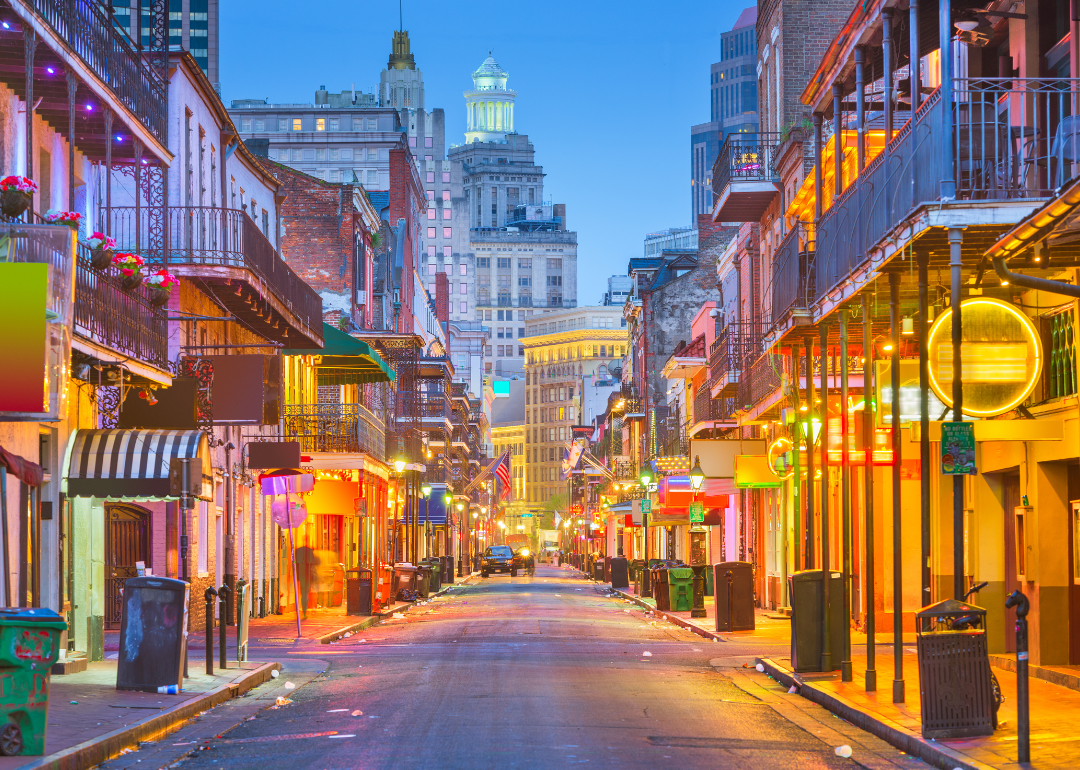 Bourbon Street in New Orleans at night.