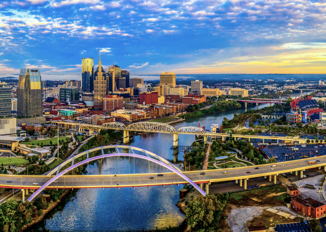 An aerial view of downtown Nashville at sunrise.