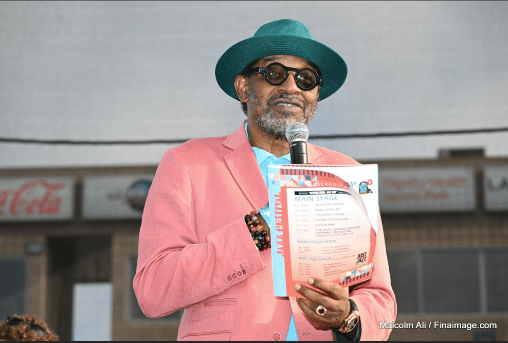 Dr. Anthony Samad, Executive Director of the Mervyn Dymally African American Political and Economic Institute at the 4th annual Dymally International Jazz & Arts Festival on Sat. Apr. 29 in Carson, Calif., at Dignity Health Sports Park. Photo credit Malcolm Ali.