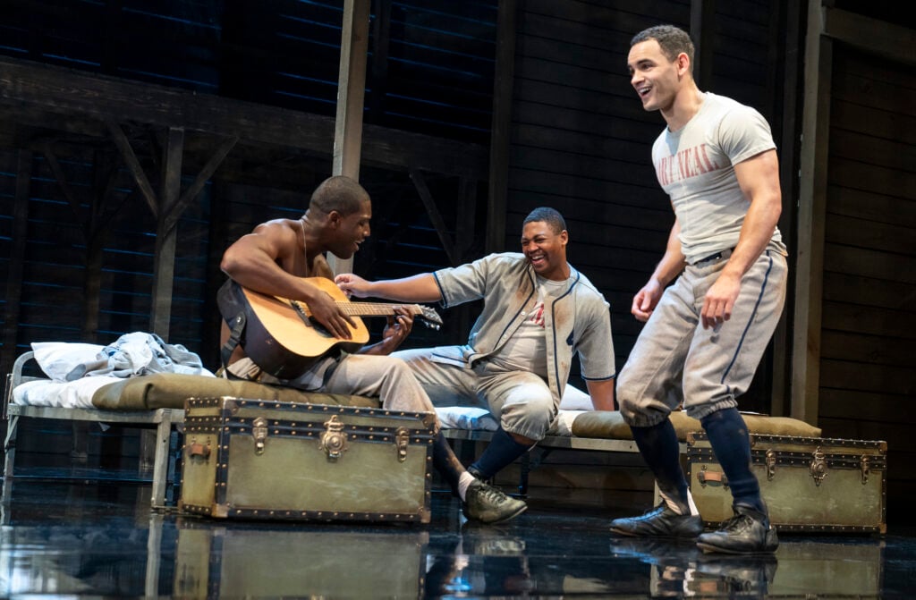 (From L) Sheldon D. Brown, Branden Davon Lindsay, and Will Adams in “A Soldier's Play” playing at Center Theatre Group / Ahmanson Theatre May 23 through June 25, 2023.<br />Photo by Joan Marcus” width=”696″ height=”456″ /><figcaption id=