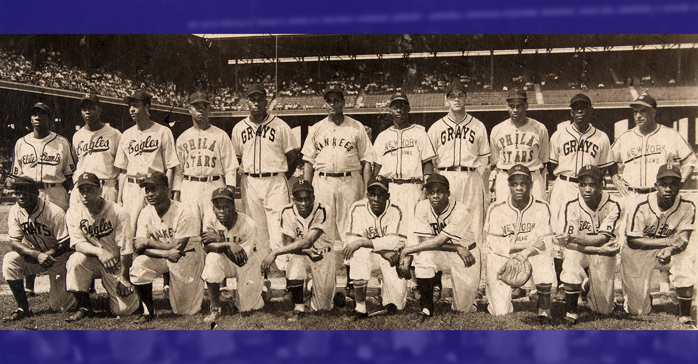 East Team, 1948 Negro league East–West All-Star Game, Comiskey Park, Chicago, Illinois. Back row: Lester Lockett, Monte Irvin, Rufus Lewis, Henry Miller, Luke Easter, Robert Griffith, Pat Scantlebury, Wilmer Fields, Bill Cash, Vic Harris and manager Jose Fernandez. Front row: Buck Leonard, Bob Harvey, Marvin Barker, Frank Austin, Pee Wee Buts, Minnie Minoso, Luis Marquez, Louis Louden, Bob Romby, Junior Gilliam.