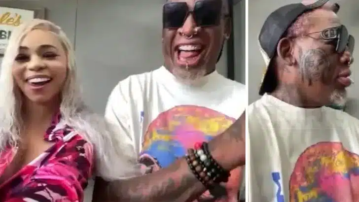 (L) Yella Yella and Dennis Rodman are interviewed on TMZ; (R) Dennis Rodman shows off face tattoo of Yella Yella