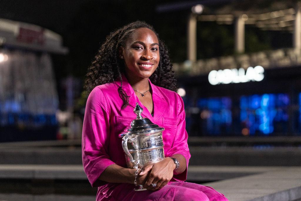 Coco Gauff wearing dress by Ganni, winner of women's...