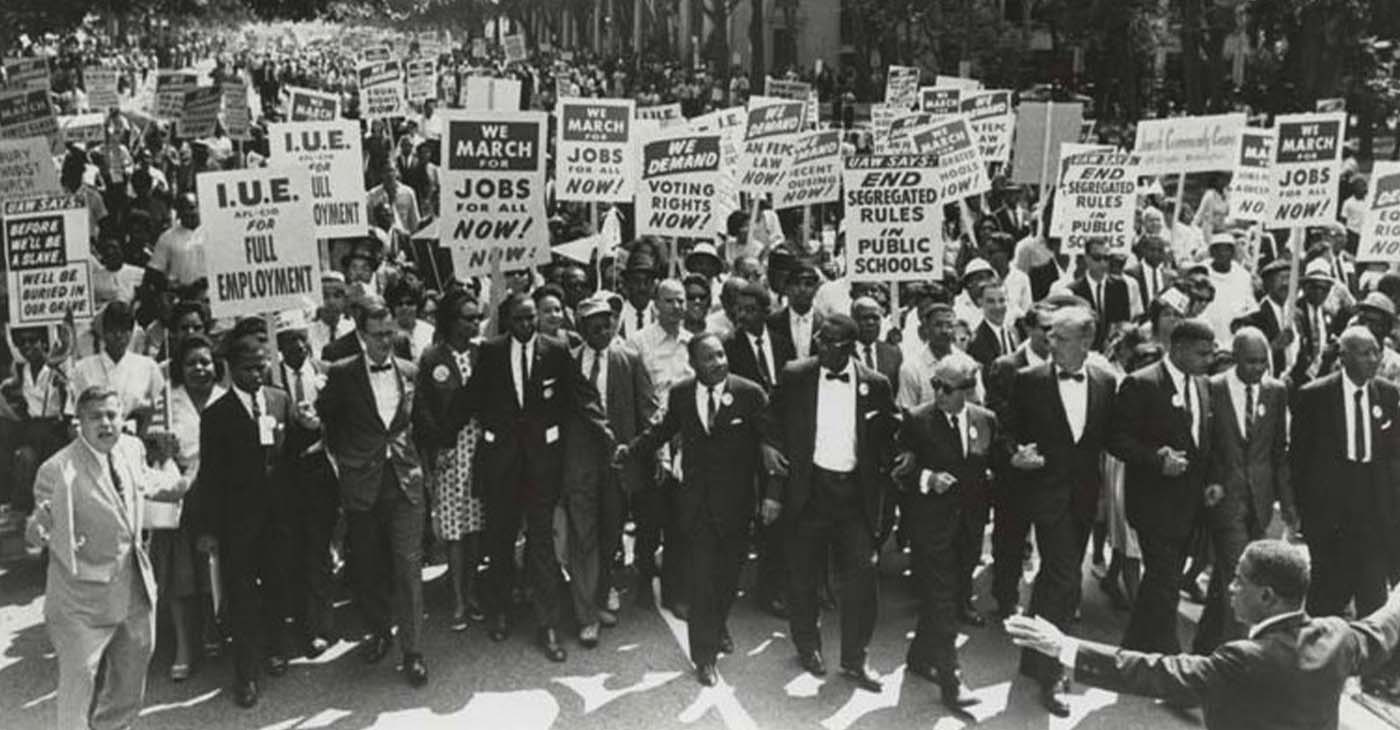 March on Washington for Jobs and Freedom, Martin Luther King, Jr. and Joachim Prinz pictured, 1963. Photo: Repository American Jewish Historical Society. Digital images created by the Gruss Lipper Digital Laboratory at the Center for Jewish History. / Wikimedia Commons)