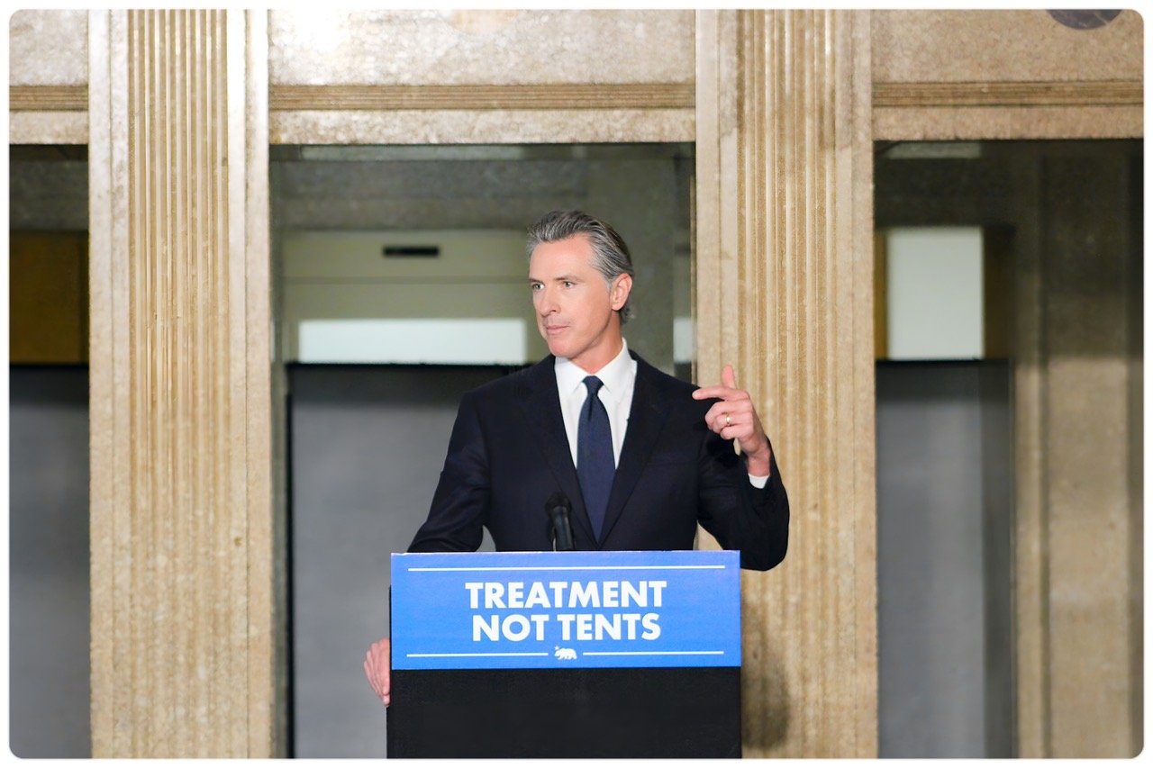 California Governor Gavin Newsom at General Hospital in Los Angeles to sign two major bills for housing and mental health treatment for the homeless. Photo by Lila Brown CBM 