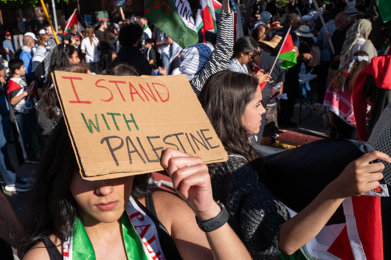 Supporters of Palestine demonstrate in front of the Israeli Consulate in West Los Angeles, California on Saturday October, 14 2023. The State of Palestine’s legal status is the subject of controversy, although it is recognized by 138 of 193 United Nations Member States. (Maxim Elramsisy | California Black Media)