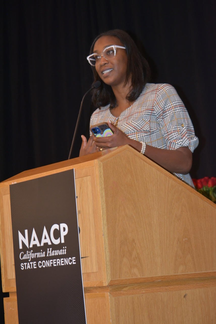 Los Angeles-based attorney Kamilah Moore shared information about the California Reparations Task Force and the importance of the NAACP. Oct. 27, 2023. CBM photo by Antonio Ray Harvey.