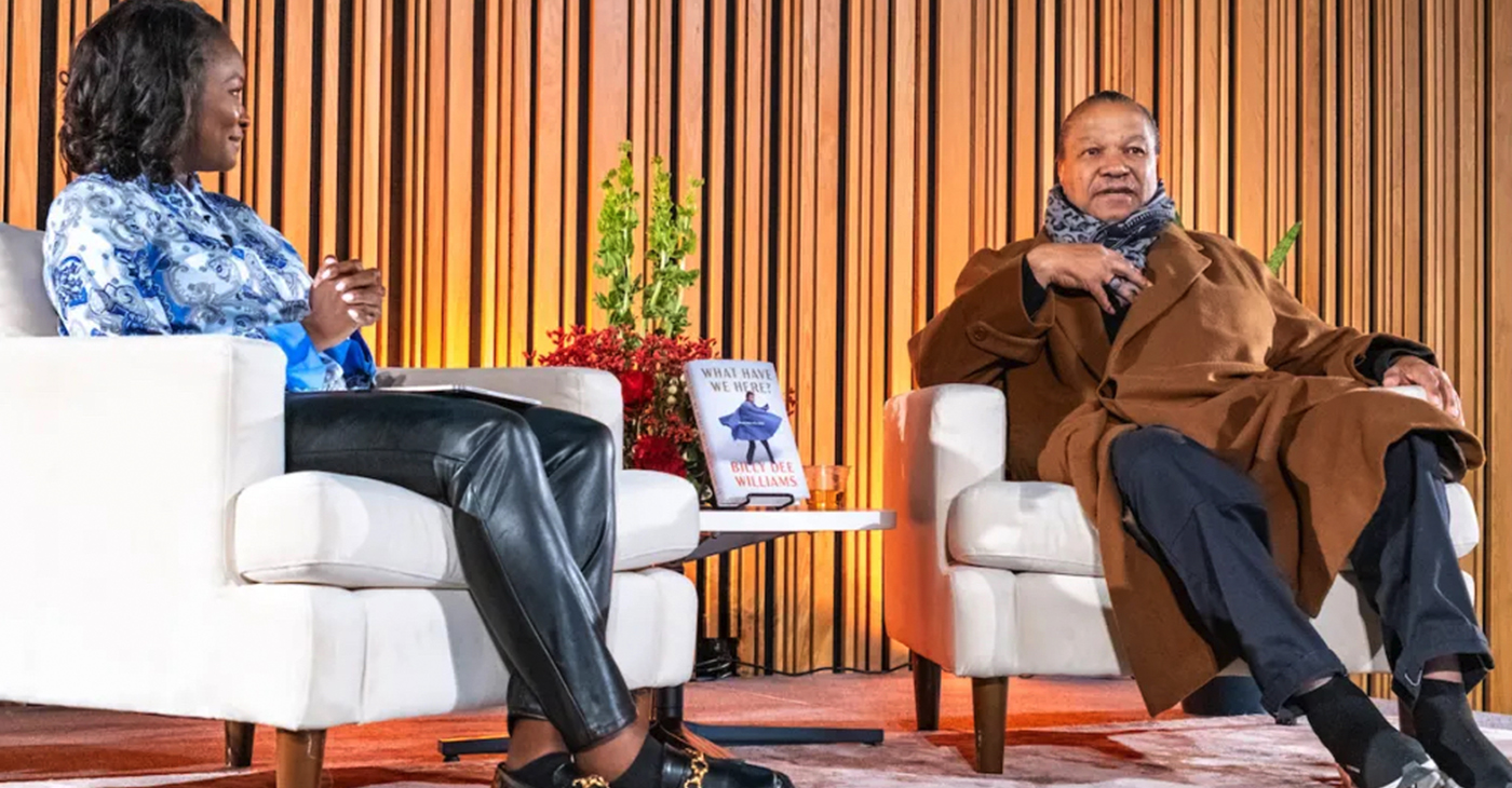 NBC Washington Anchor Jummy Olabanji (left) interviews Billy Dee Williams for the release of his autobiography 