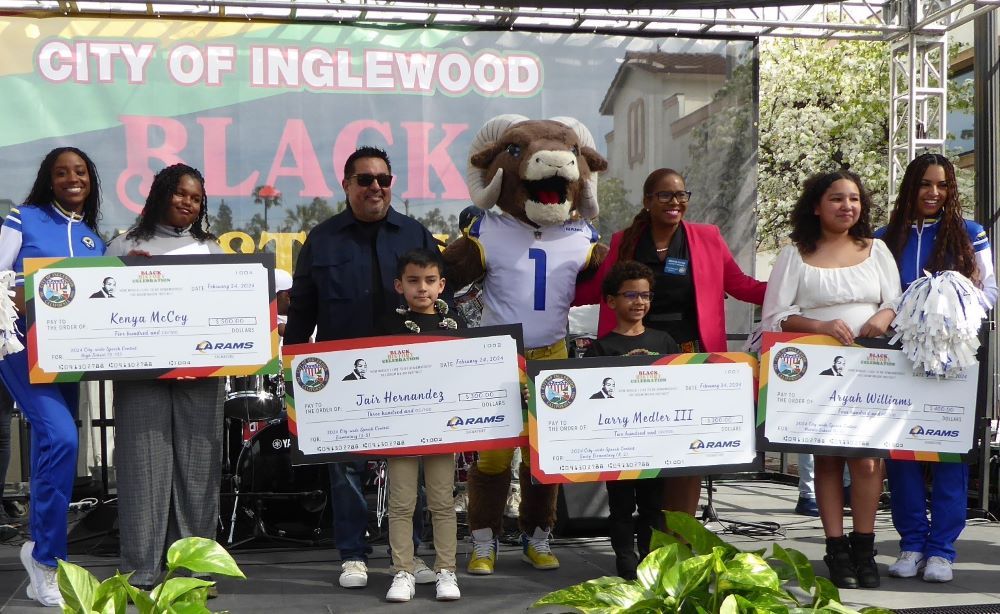 Councilman Eloy Morales Jr., Councilwoman Dionne Faulk, Rampage, Rams Cheerleaders and Speech Contest Winners: Photo Credit, Ricky Richardson