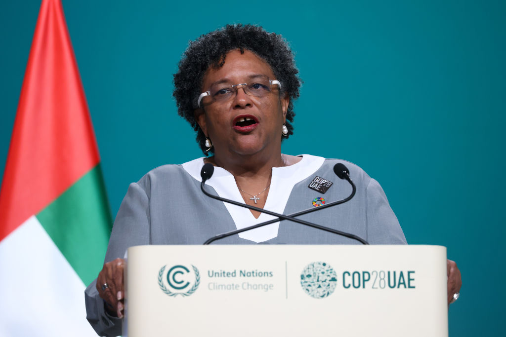 Mia Mottley, Barbados's prime minister, speaks during a high-level segment on day three of the COP28 climate conference at Expo City in Dubai, United Arab Emirates, on Saturday, Dec. 2, 2023. More than 70,000 politicians, diplomats, campaigners, financiers and business leaders will fly to Dubai to talk about arresting the world's slide toward environmental catastrophe. Photographer: Hollie Adams/Bloomberg via Getty Images
