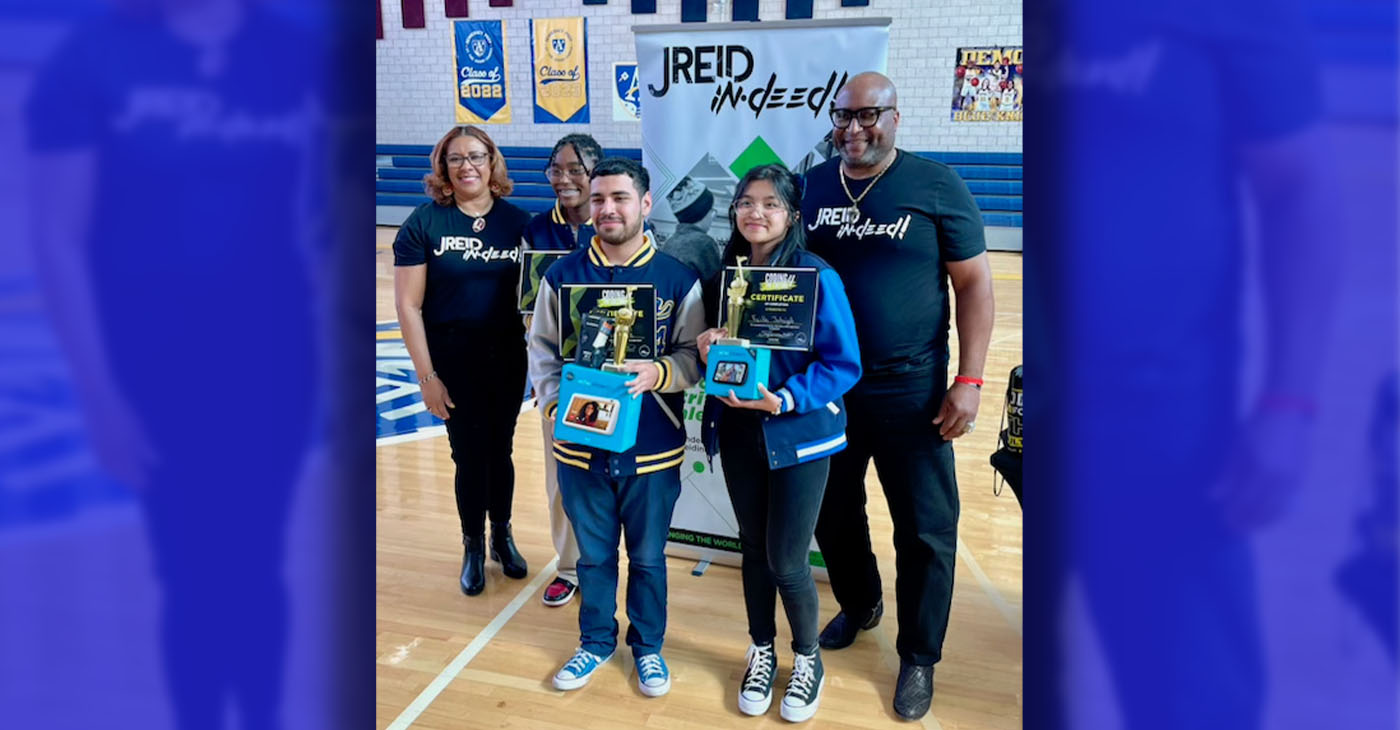 Justin Reid’s parents join Coding 4 the Culture’s champions as they proudly show off their music coding winnings. (Pictured L to R: Sharon Reid, third-place winner Alana Dolphin, first-place winner Luis Infante, second-place winner Faith Jotojot, and Eric Reid, Sr.)