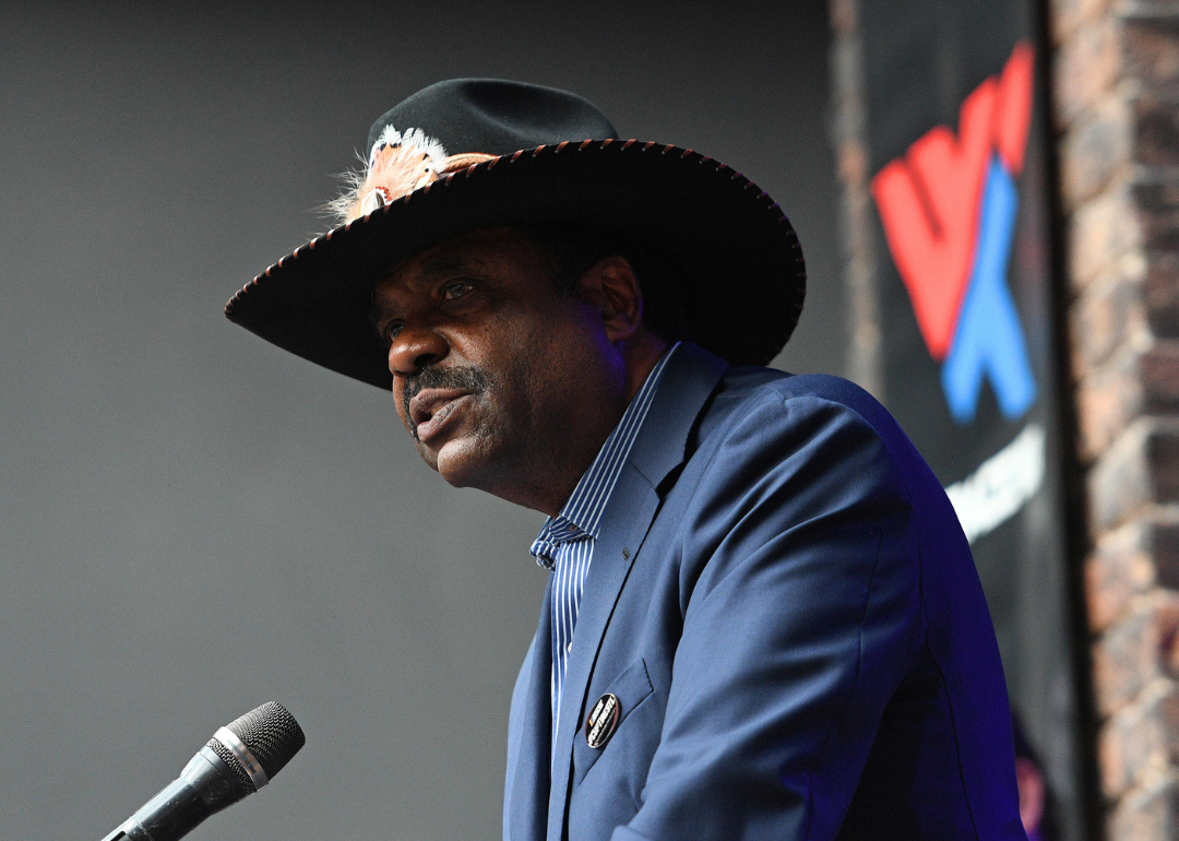 David Steward addressing the crowd during a press conference hosted by World Wide Technology Raceway announcing the date of their NASCAR Cup Series Race for the 2022 season on September 15, 2021, at Bally Sports Live in Ballpark Village in St. Louis, Missouri.