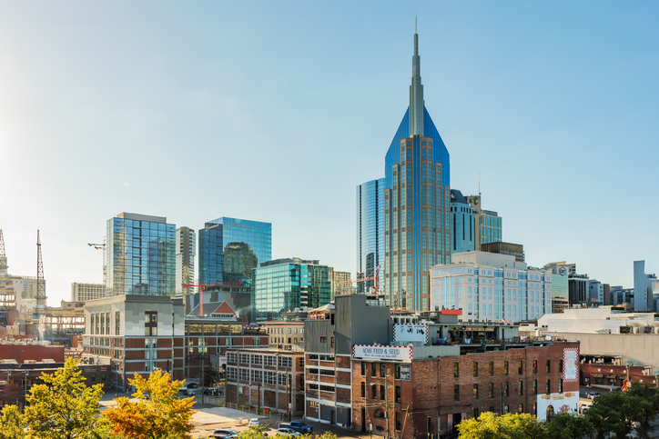 beautiful view of the city skyline of Nashville in beautiful weather and sunshine