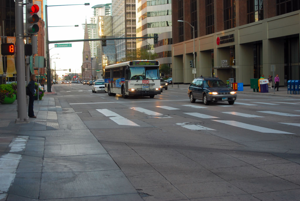 A city bus and other traffic on the streets of downtown Denver, Colorado ca. 2008