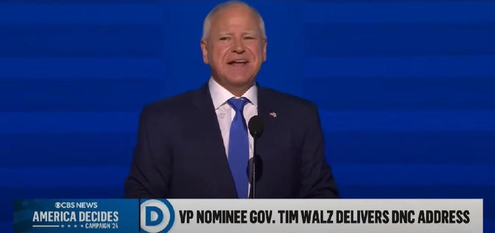 Tim Walz’s career milestone: VP nomination at DNC Chicago. // Tim Walz at 2024 DNC - screenshot