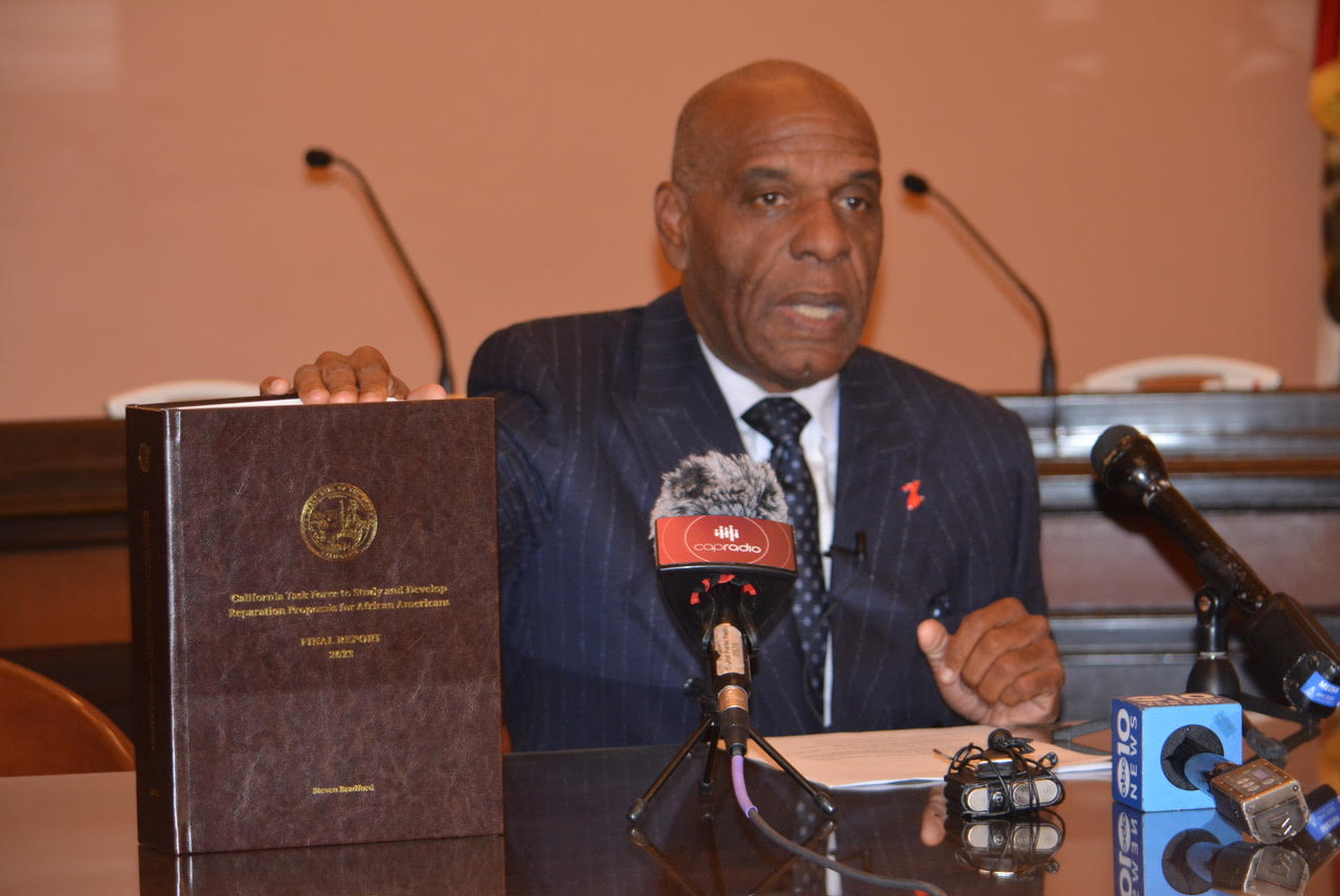 3 reparations bills by Sen. Bradford head to CA Assembly floor vote // Sen. Steven Bradford (D-Inglewood) rolled out his reparations package at the State Capitol on the first day of Black History Month, Feb. 1, 2024. CBM photo by Antonio Ray Harvey.