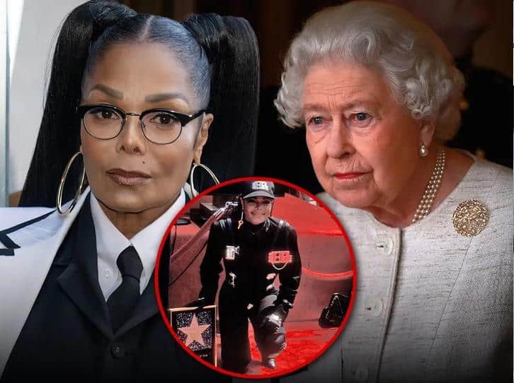 Janet Jackson's wardrobe malfunction in front of Queen Elizabeth. // Janet Jackson and Queen Elizabeth composite - via TMZ/Getty