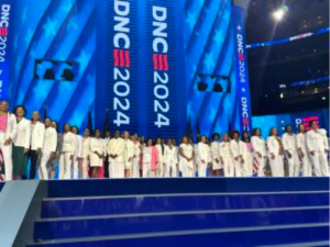 College classmates and sorority sisters of Democratic Presidential nominee Kamala Harris gathered at the Democratic National Convention.