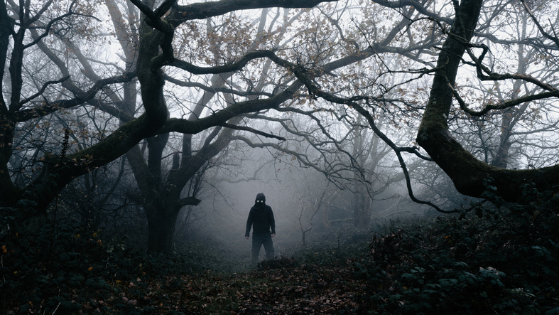 A horror concept. A scary demon like figure with glowing eyes. Standing In a spooky foggy winters forest.