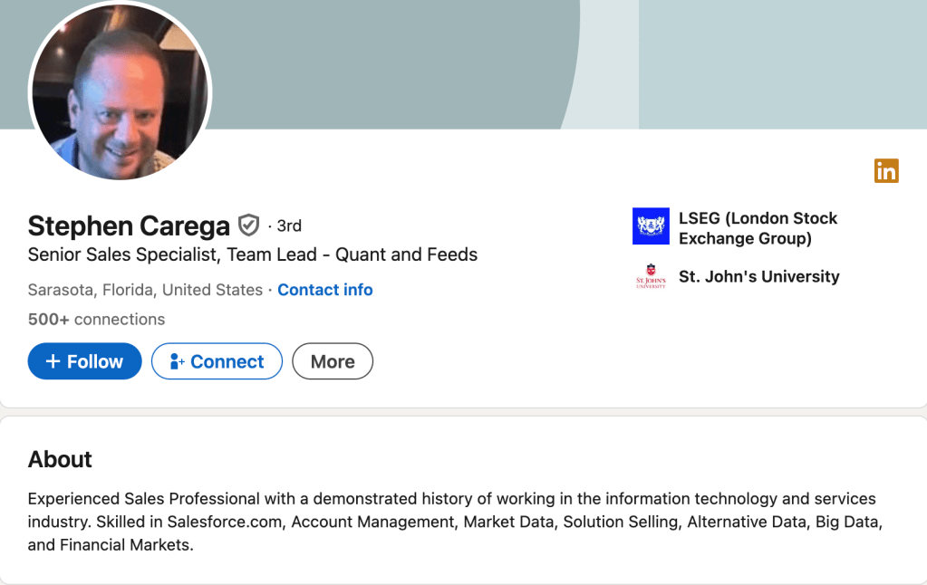 Stephen Carega LinkedIn profile