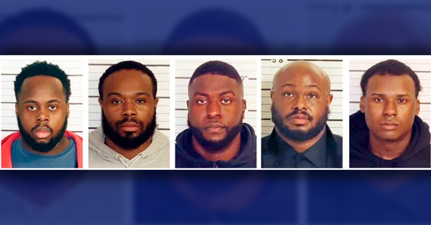 Booking images provided by the Shelby County Sheriff’s Office. From left, Tadarrius Bean, Demetrius Haley, Emmitt Martin III, Desmond Mills, Jr. and Justin Smith. Nichols, Bean, Haley, and Smith were convicted of witness tampering in the case that fueled nationwide protests and renewed calls for police reform.