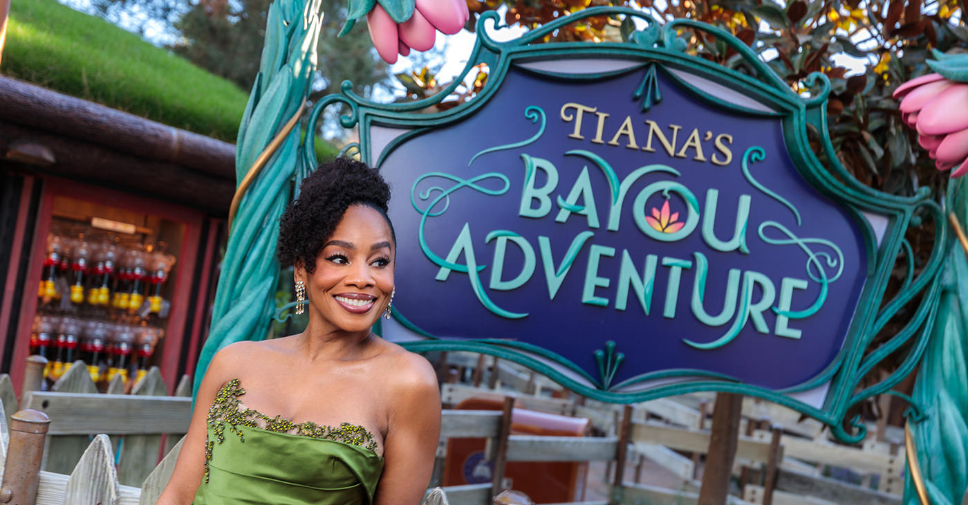 Actress-Anika-Noni-Rose-voice-of-Tiana-The-Princess-and-the-Frog-poses-at-Tiana-Bayou-Adventure-at-Disneyland-Park-Disneyland-Resort-Sean-Teegarden